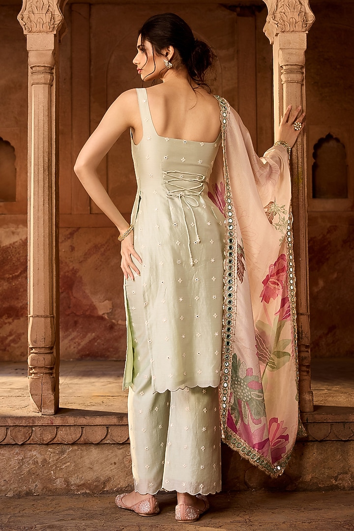 Sage Green Chanderi Mirror Embroidered Kurta Set by Saanjh by Lea at Pernia's Pop Up Shop