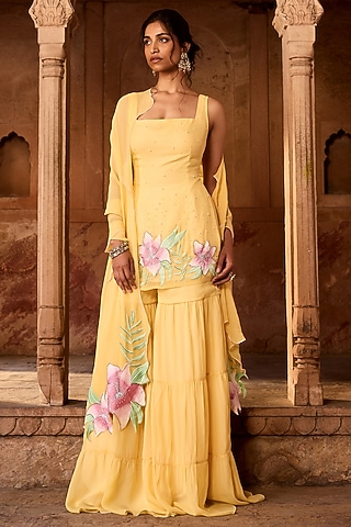 Yellow Georgette 3-Tiered Sharara Set by Saanjh by Lea