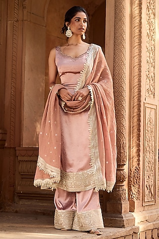 Mauve Crushed Satin Embroidered Anarkali Set by Saanjh by Lea