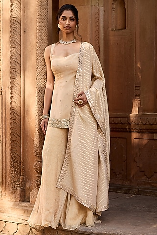 Golden Premium Crushed Tissue Sharara Set by Saanjh by Lea