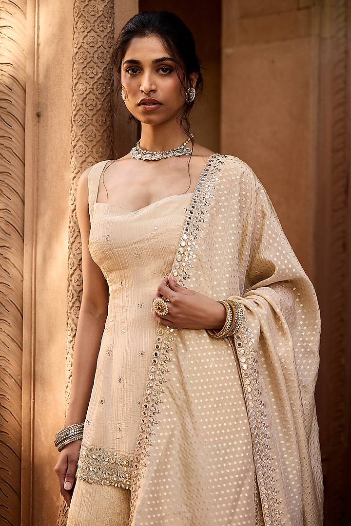 Golden Premium Crushed Tissue Party Wear Sharara Set by Saanjh by Lea at Pernia's Pop Up Shop