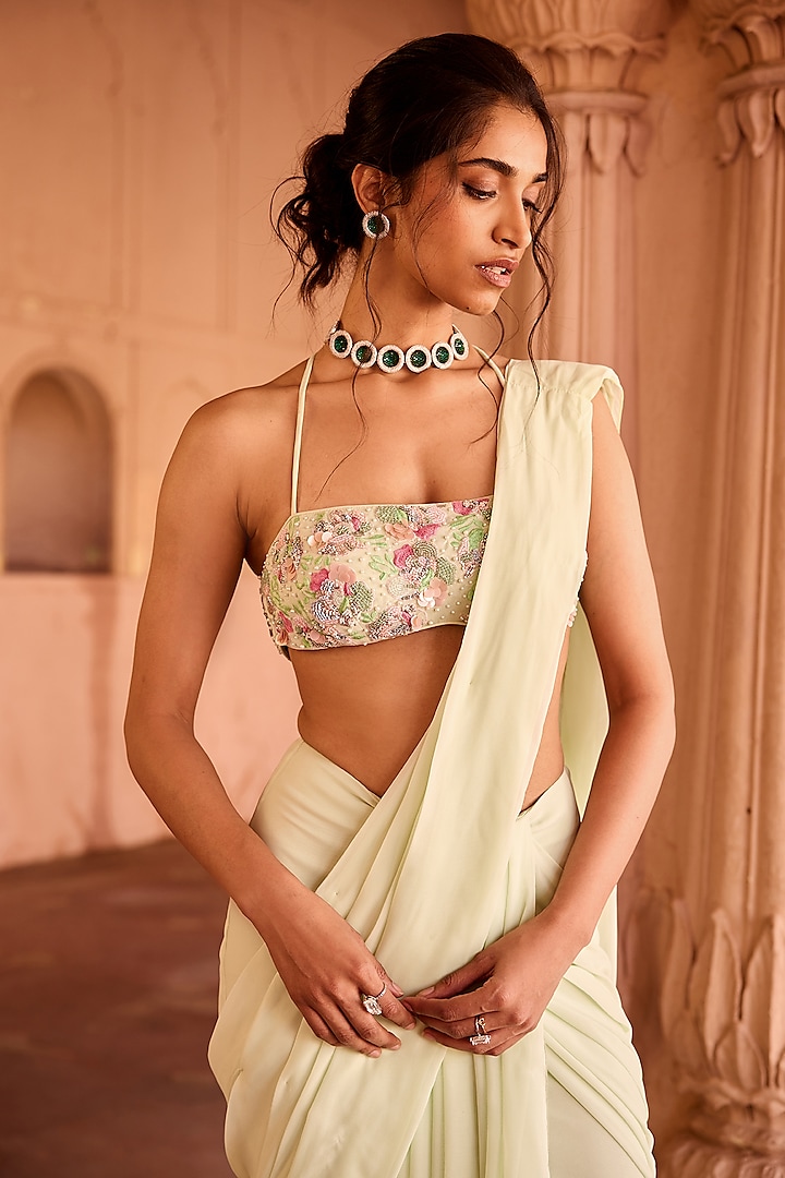 Pastel Green Georgette Pre-Stitched Party Wear Saree Set by Saanjh by Lea at Pernia's Pop Up Shop