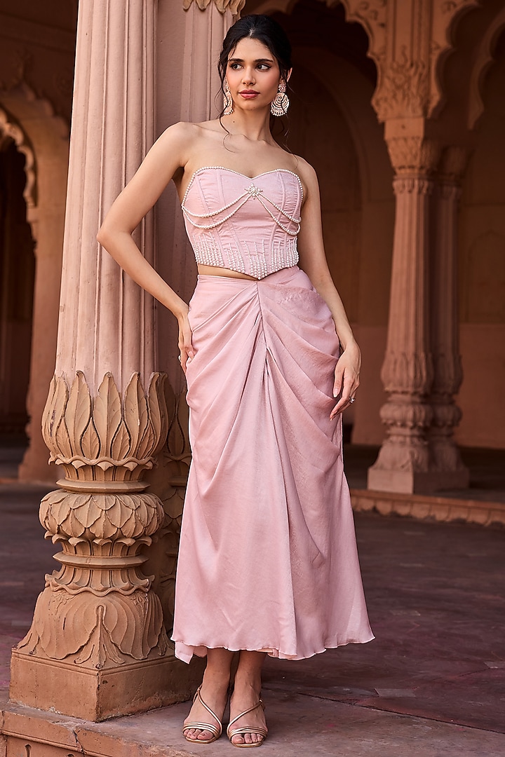 Baby Pink Foil Printed Satin Draped Skirt Set by Saanjh by Lea at Pernia's Pop Up Shop