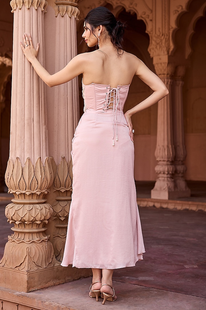 Baby Pink Foil Printed Satin Draped Skirt Set by Saanjh by Lea at Pernia's Pop Up Shop