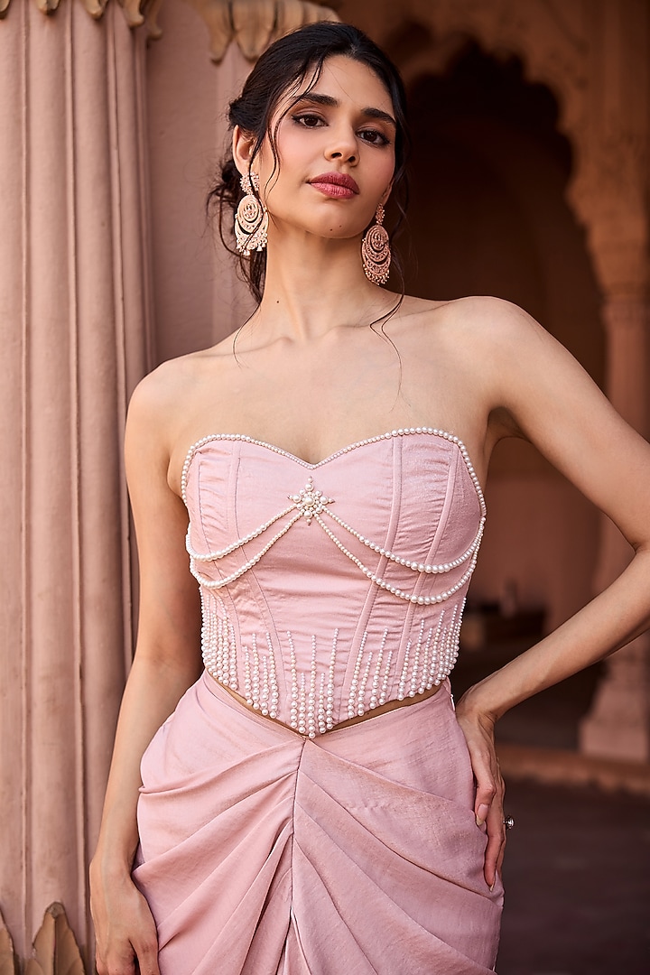 Baby Pink Foil Printed Satin Draped Skirt Set by Saanjh by Lea at Pernia's Pop Up Shop