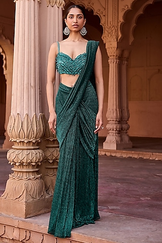 Emerald Green Shimmer Crinkled Chiffon Pre-Sttitched Saree Set by Saanjh by Lea