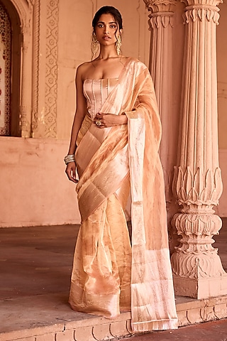 Gold Banarasi Tissue Pre-Draped Saree Set by Saanjh by Lea