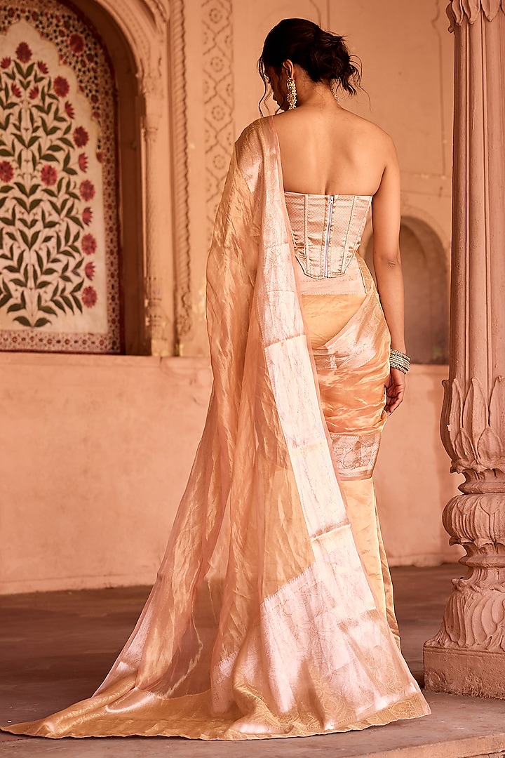 Gold Banarasi Tissue Pre-Draped Wedding Saree Set by Saanjh by Lea at Pernia's Pop Up Shop