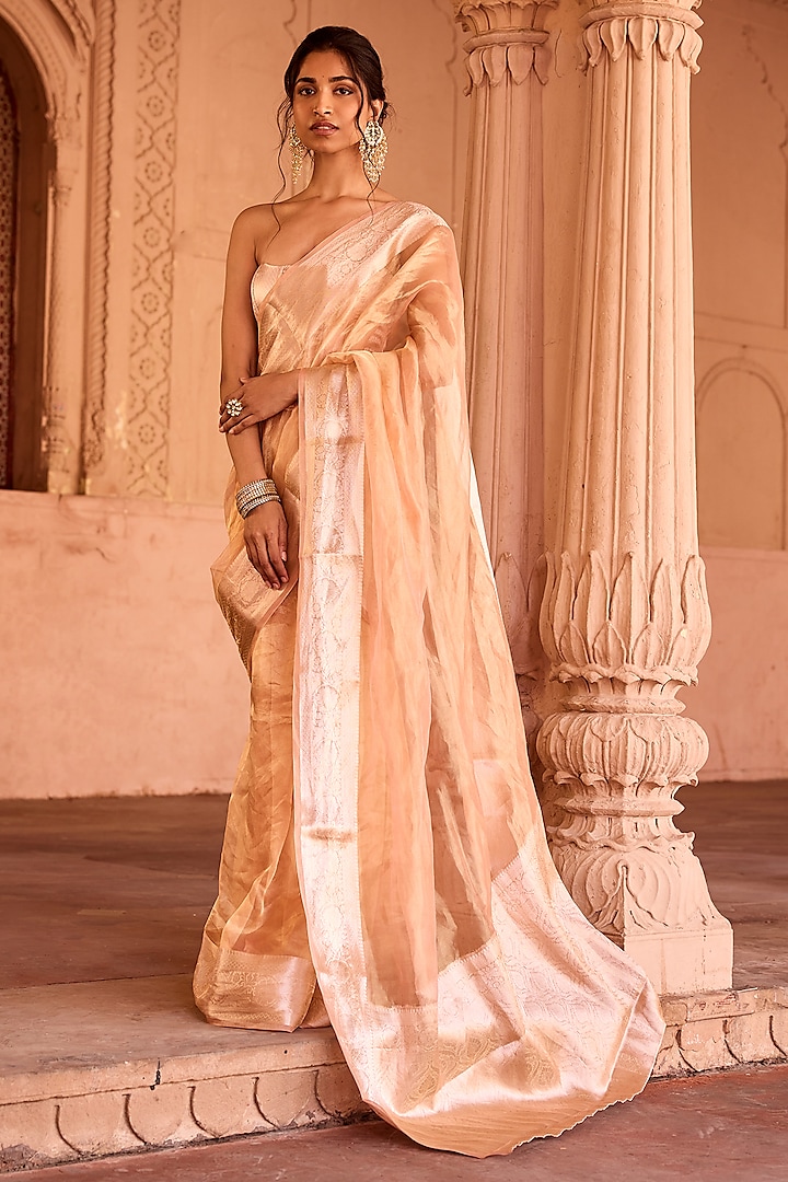 Gold Banarasi Tissue Pre-Draped Wedding Saree Set by Saanjh by Lea at Pernia's Pop Up Shop