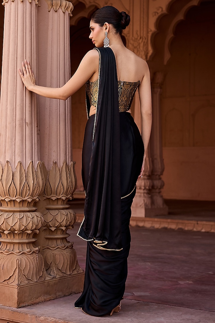 Black Armani Satin Pre-Draped Party Wear Saree Set by Saanjh by Lea at Pernia's Pop Up Shop