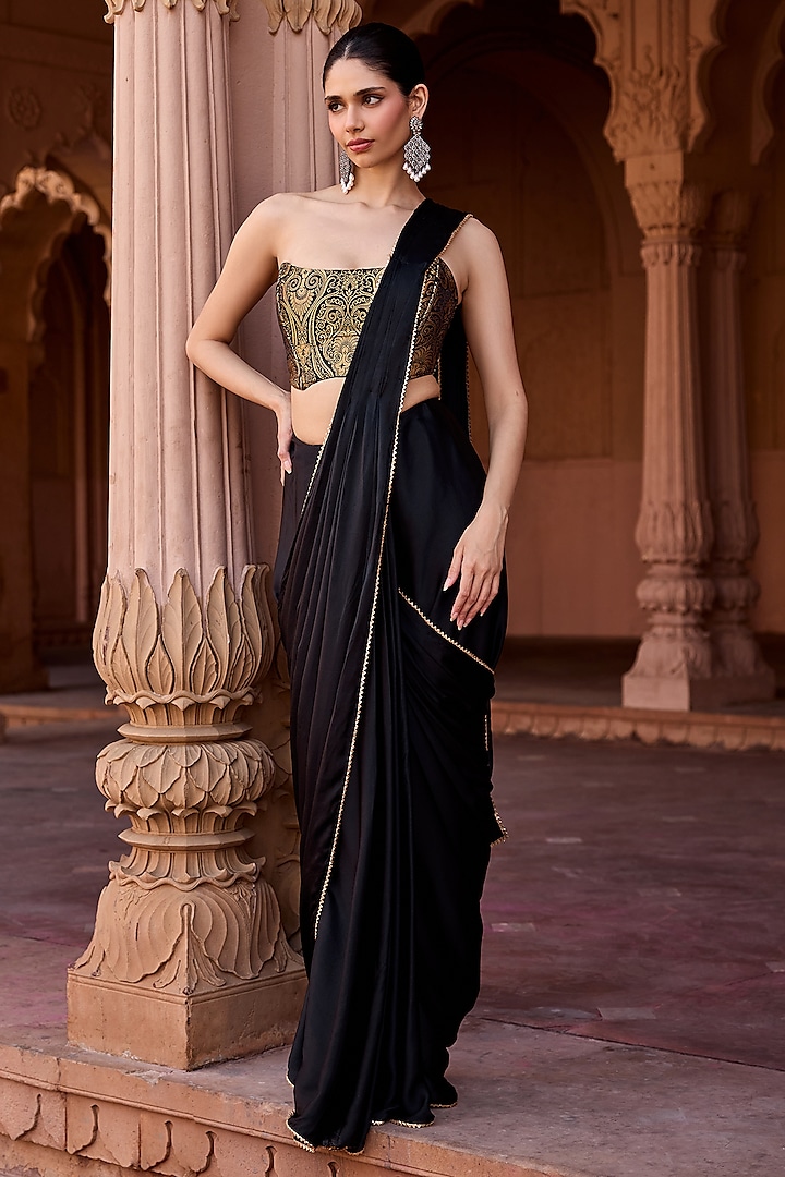 Black Armani Satin Pre-Draped Party Wear Saree Set by Saanjh by Lea at Pernia's Pop Up Shop