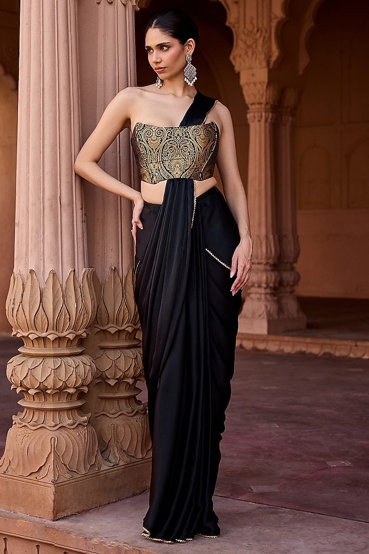 Black Armani Satin Pre-Draped Party Wear Saree Set by Saanjh by Lea at Pernia's Pop Up Shop