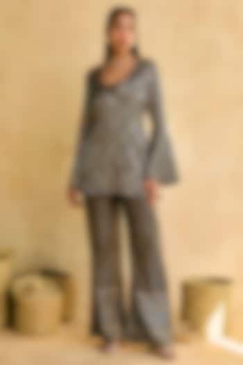 Black Satin Ajrakh Printed & Embroidered Kurta Set by Saanjh by Lea at Pernia's Pop Up Shop