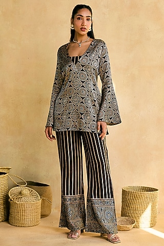 Black Satin Ajrakh Printed & Embroidered Kurta Set by Saanjh by Lea