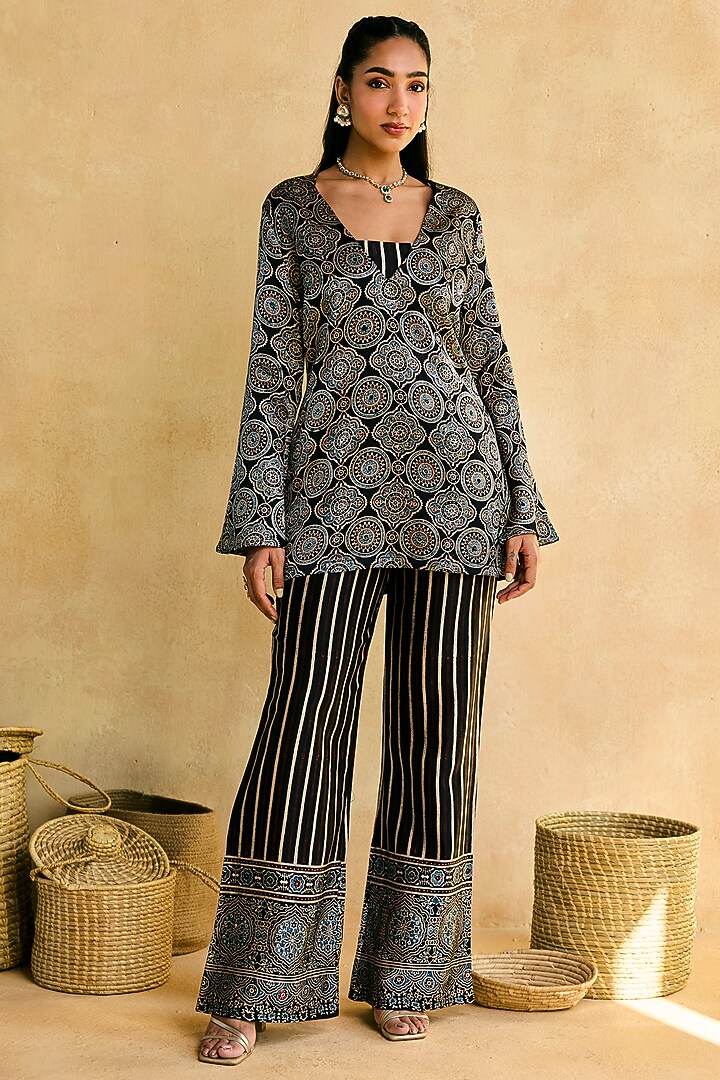 Black Satin Ajrakh Printed & Embroidered Kurta Set by Saanjh by Lea at Pernia's Pop Up Shop