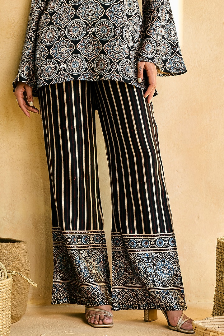 Black Satin Ajrakh Printed & Embroidered Kurta Set by Saanjh by Lea at Pernia's Pop Up Shop