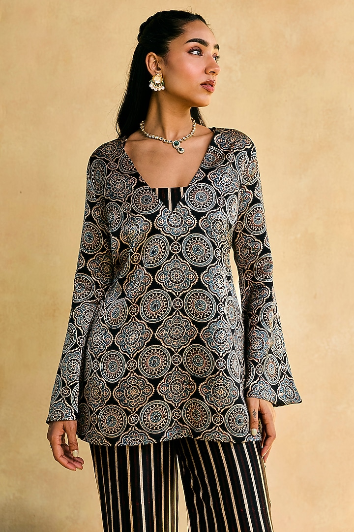 Black Satin Ajrakh Printed & Embroidered Kurta Set by Saanjh by Lea at Pernia's Pop Up Shop
