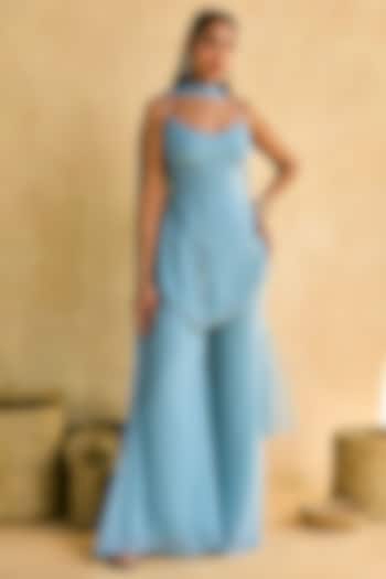 Blue Georgette Wide-Leg Pant Set by Saanjh by Lea at Pernia's Pop Up Shop