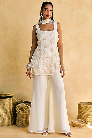 Ivory Georgette Wide-Leg Pant Set by Saanjh by Lea
