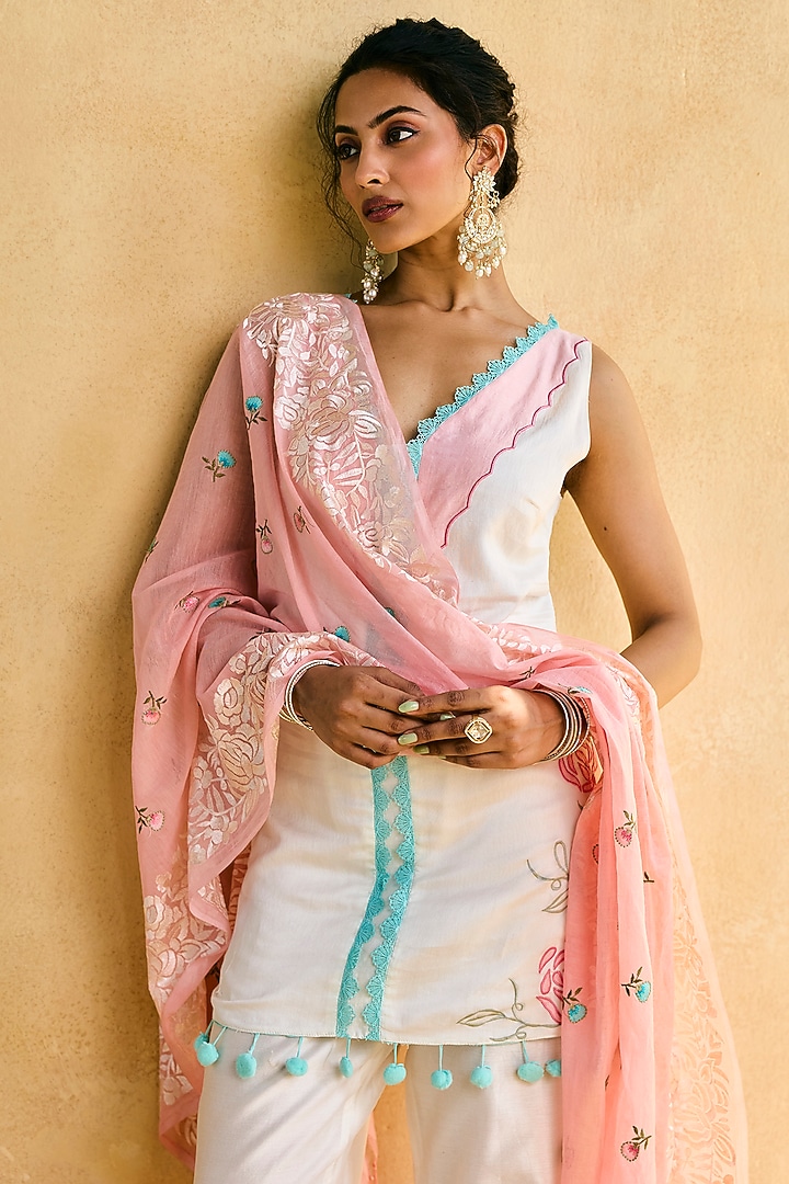 Multi-Colored Chanderi Floral Embroidered Kurta Set by Saanjh by Lea at Pernia's Pop Up Shop