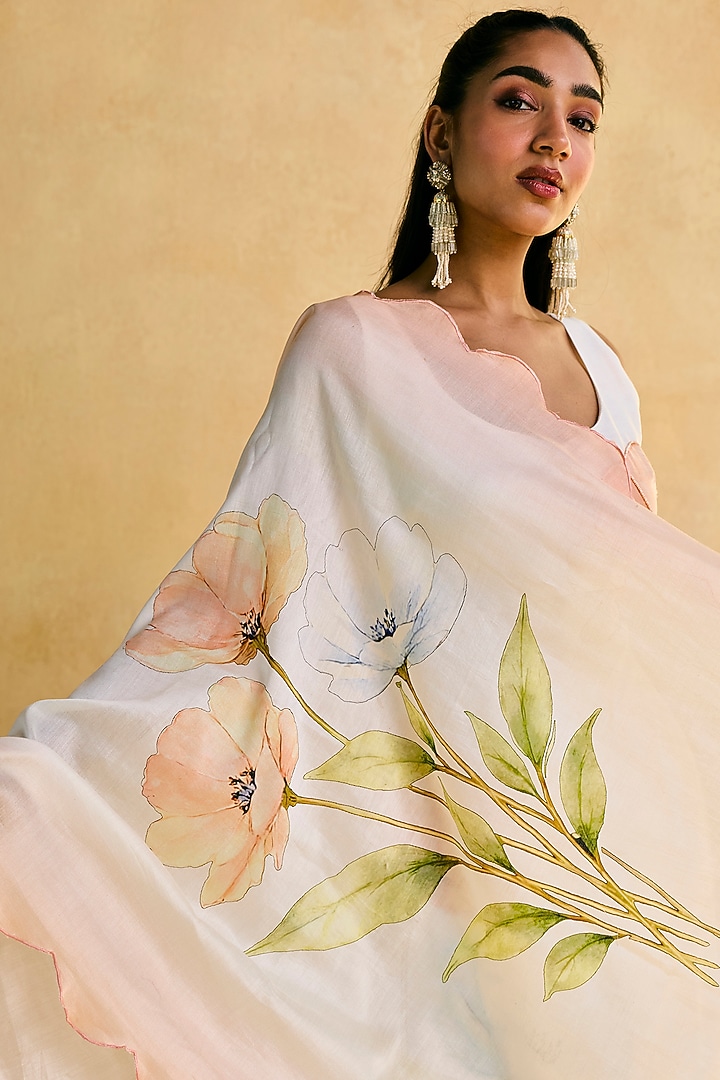 White Chanderi Floral Printed & Hand Embroidered Kurta Set by Saanjh by Lea at Pernia's Pop Up Shop