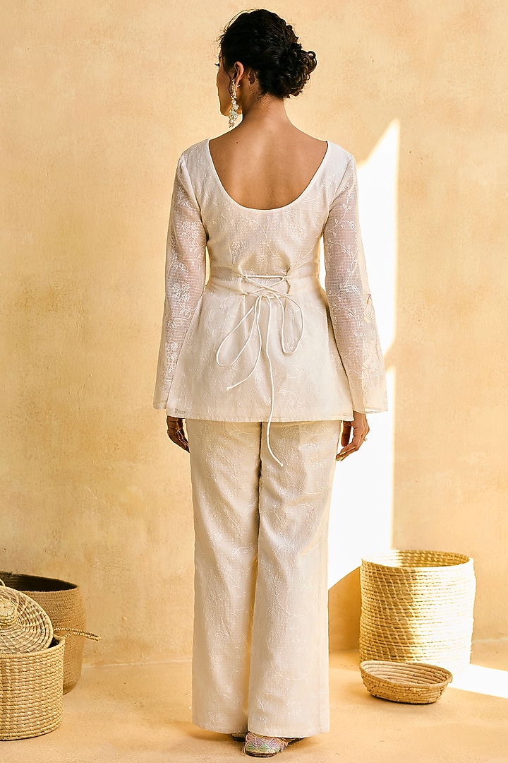 Ivory Cotton Linen Hand Embroidered Kurta Set by Saanjh by Lea at Pernia's Pop Up Shop