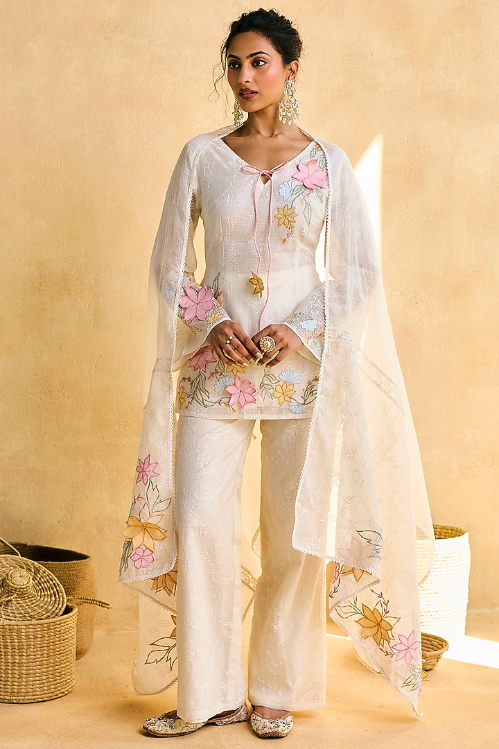 Ivory Cotton Linen Hand Embroidered Kurta Set by Saanjh by Lea at Pernia's Pop Up Shop