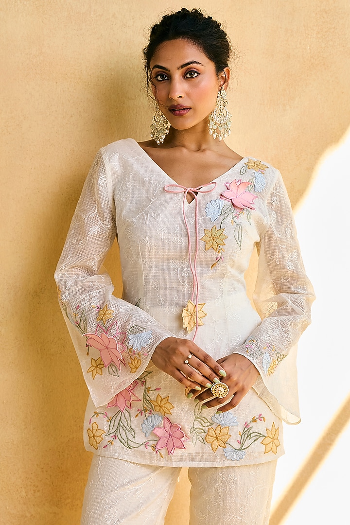Ivory Cotton Linen Hand Embroidered Kurta Set by Saanjh by Lea at Pernia's Pop Up Shop