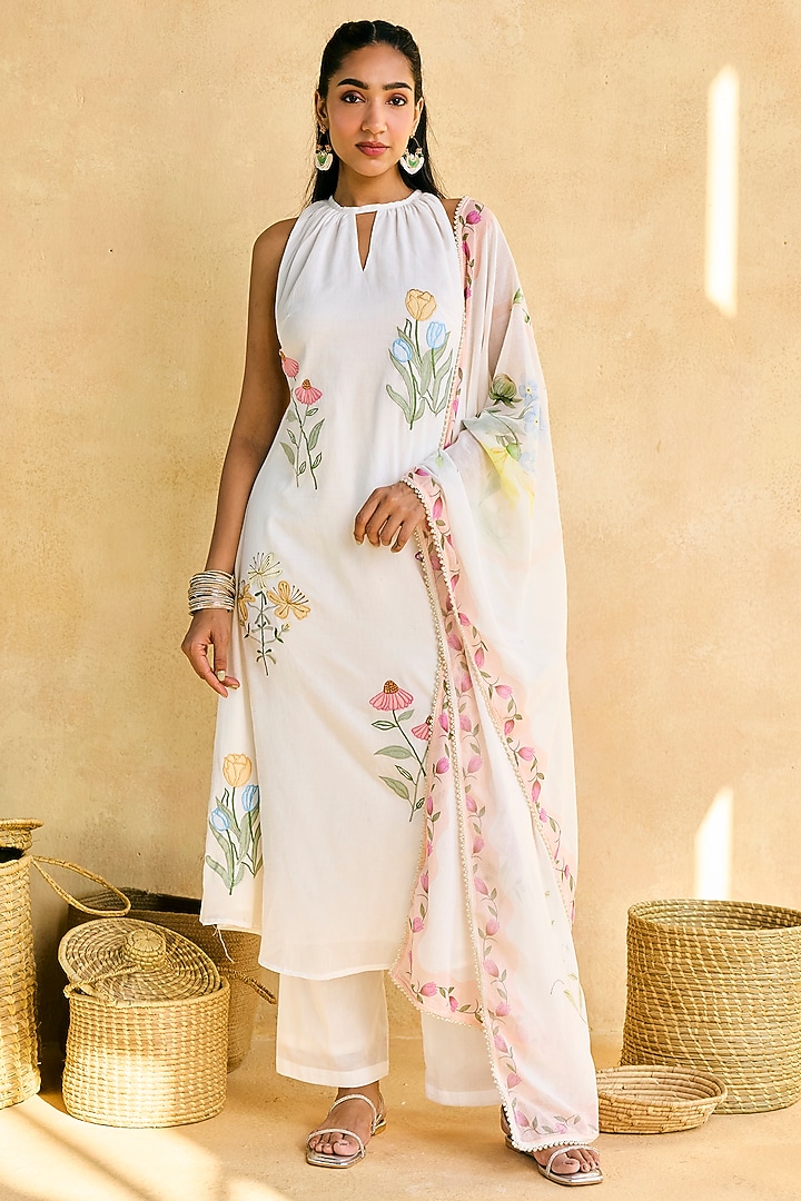 White Cotton Voile Printed & Embroidered Kurta Set by Saanjh by Lea at Pernia's Pop Up Shop