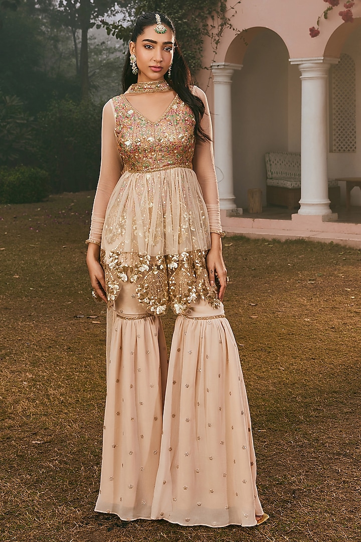 Gold Georgette Golden Zari Embroidered Sharara Set by Saanjh by Lea