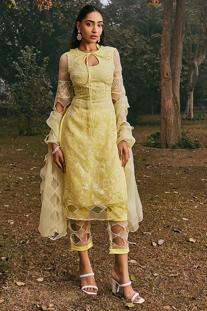Yellow Organza Hand Embroidered Kurta Set by Saanjh by Lea