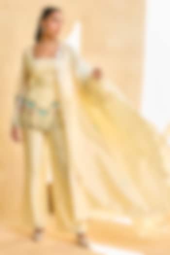 Yellow Chanderi & Voile Hand Embroidered Kurta Set by Saanjh by Lea at Pernia's Pop Up Shop