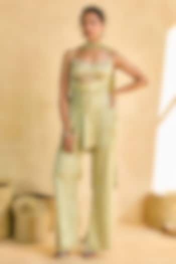 Green Modal Satin & Georgette Mirror Embellished Kurta Set by Saanjh by Lea at Pernia's Pop Up Shop