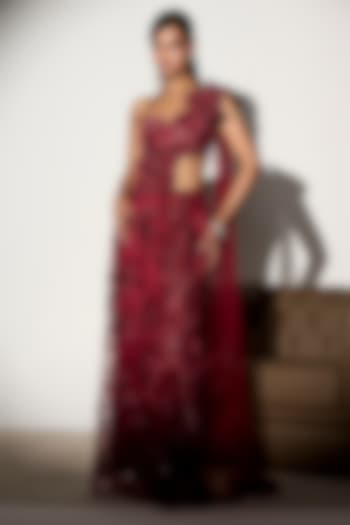 Maroon Net Floral Embroidered Draped Wedding Saree Set by Saanjh by Lea at Pernia's Pop Up Shop