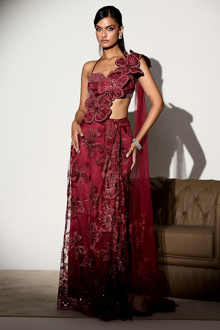 Maroon Net Floral Embroidered Draped Wedding Saree Set by Saanjh by Lea at Pernia's Pop Up Shop