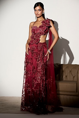 Maroon Net Floral Embroidered Draped Saree Set by Saanjh by Lea