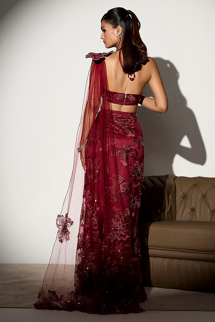 Maroon Net Floral Embroidered Draped Wedding Saree Set by Saanjh by Lea at Pernia's Pop Up Shop