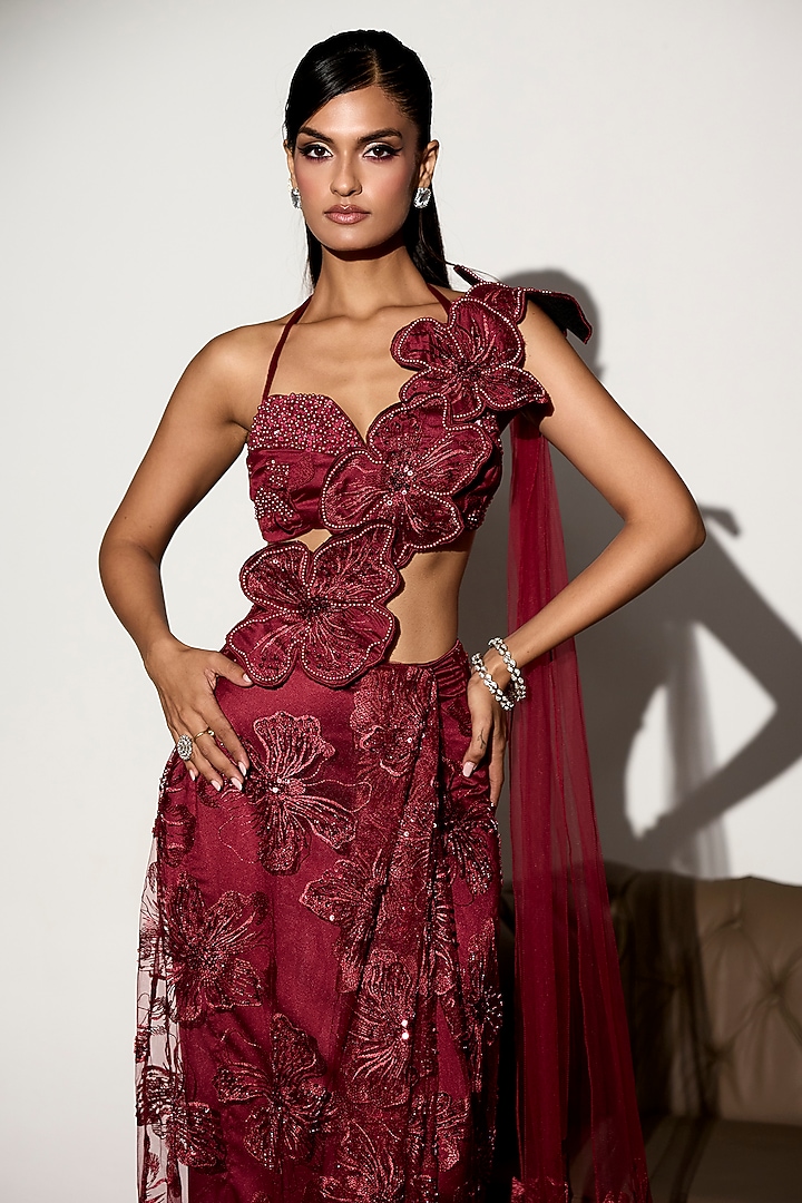 Maroon Net Floral Embroidered Draped Wedding Saree Set by Saanjh by Lea at Pernia's Pop Up Shop