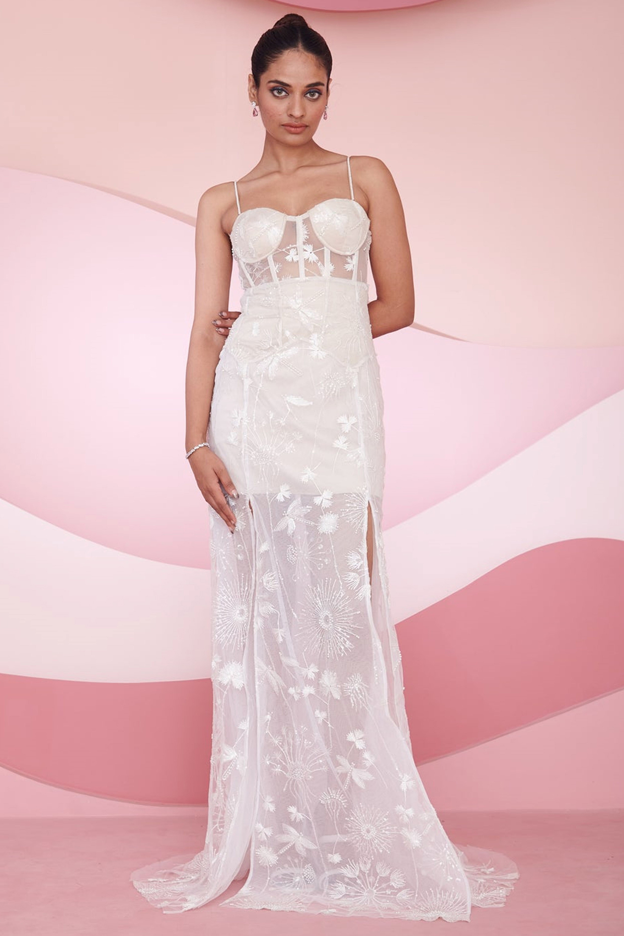 White Polyester Sequins Hand Embroidered Slit Corset Gown by Saanjh by Lea at Pernia's Pop Up Shop