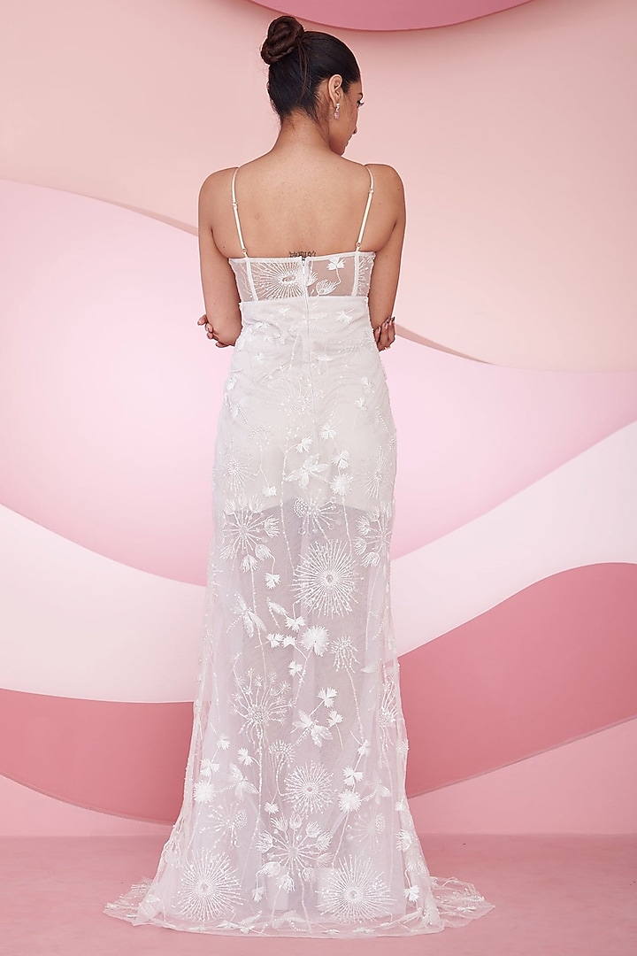 White Polyester Sequins Hand Embroidered Slit Corset Party Wear Gown by Saanjh by Lea at Pernia's Pop Up Shop