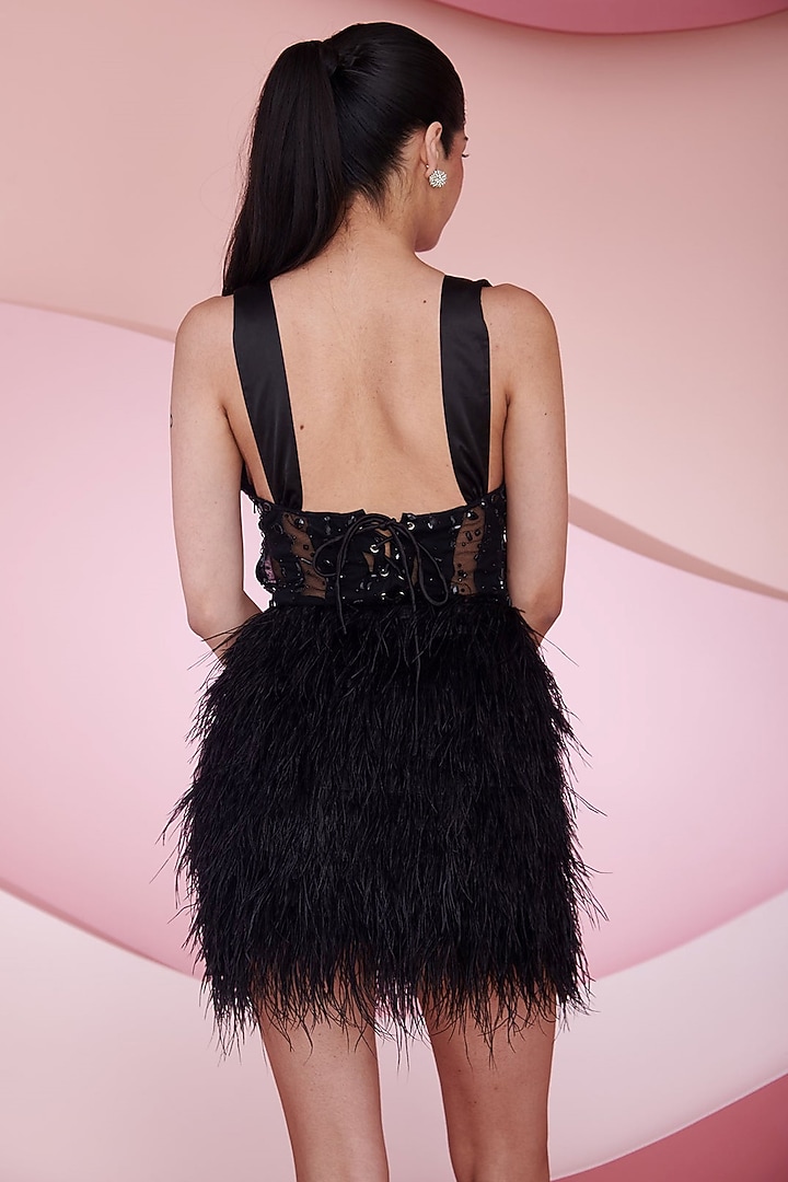 Black Polyester Rhinestone & Feather Embroidered Corset Mini Vacation Dress by Saanjh by Lea at Pernia's Pop Up Shop