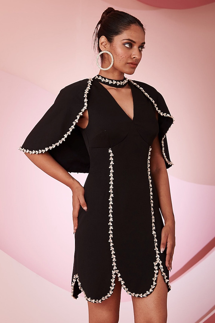 Black Polyester Glass Sequins Embroidered Cape Mini Vacation Dress by Saanjh by Lea at Pernia's Pop Up Shop