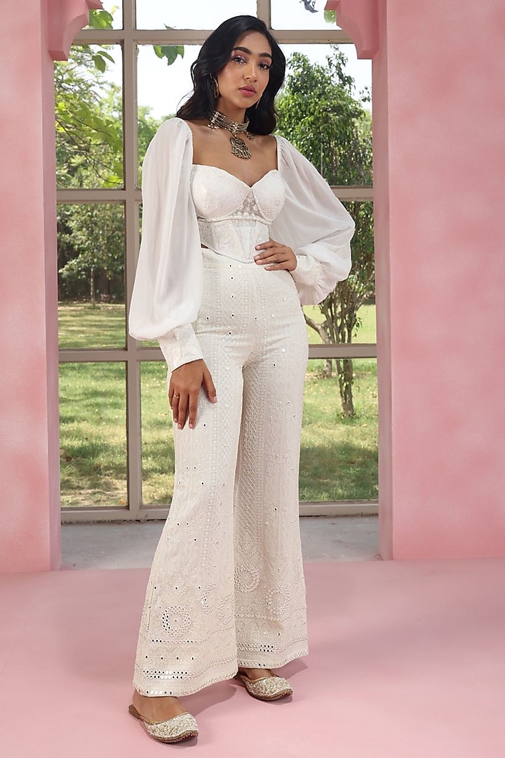 Off-White Georgette Hand & Machine Embroidered Co-Ord Set by Saanjh by Lea at Pernia's Pop Up Shop