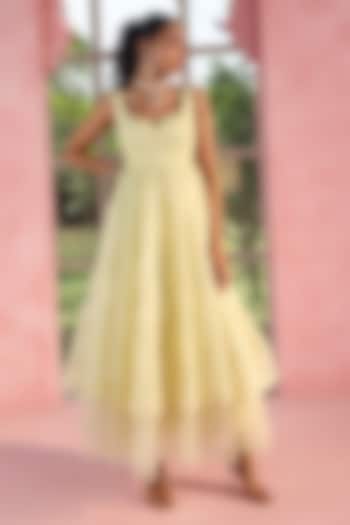 Yellow Organza Floral Embroidered Party Wear Anarkali Set by Saanjh by Lea at Pernia's Pop Up Shop