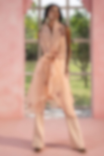 Peach Organza Floral Printed Wrap Kurta Set by Saanjh by Lea at Pernia's Pop Up Shop