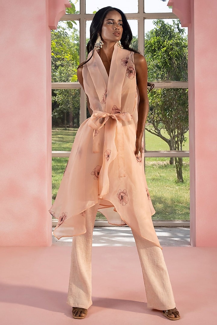 Peach Organza Floral Printed Wrap Kurta Set by Saanjh by Lea at Pernia's Pop Up Shop