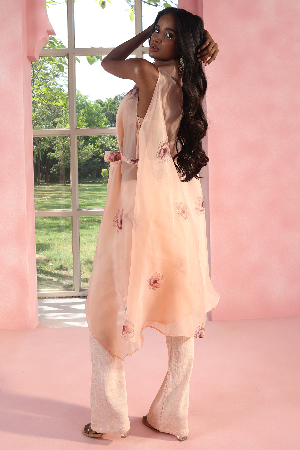 Peach Organza Floral Printed Wrap Kurta Set by Saanjh by Lea at Pernia's  Pop Up Shop 2024