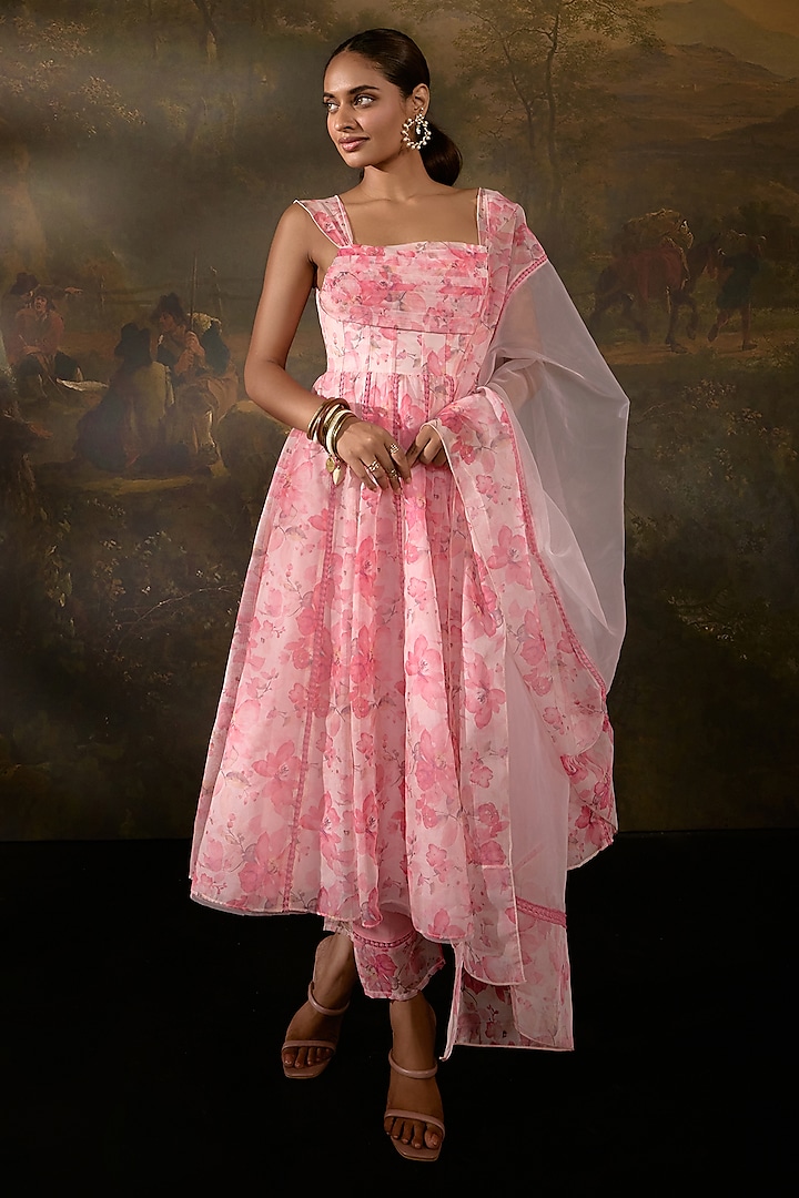 Pink Organza Floral Printed Anarkali Set by Saanjh by Lea at Pernia's Pop Up Shop