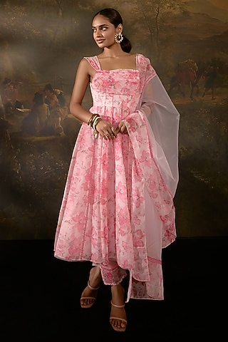 Pink Organza Floral Printed Anarkali Set by Saanjh by Lea