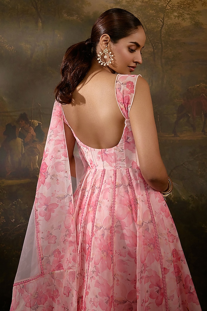 Pink Organza Floral Printed Anarkali Set by Saanjh by Lea at